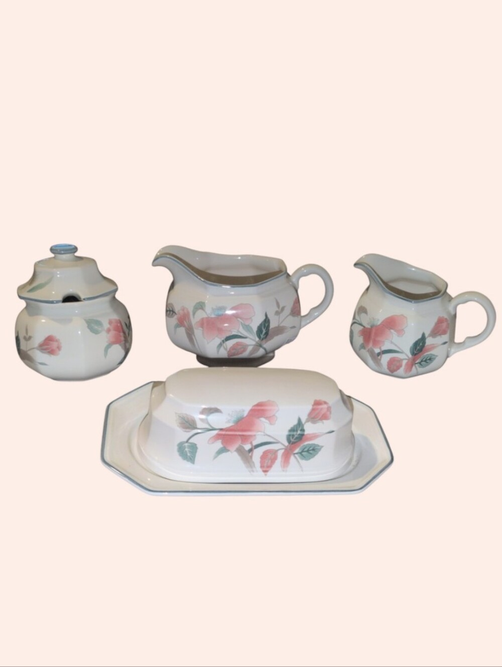 Vintage Mikasa Silk Flowers Set Of Butter Dish Creamer Sugar Bowl Sauce Pitcher